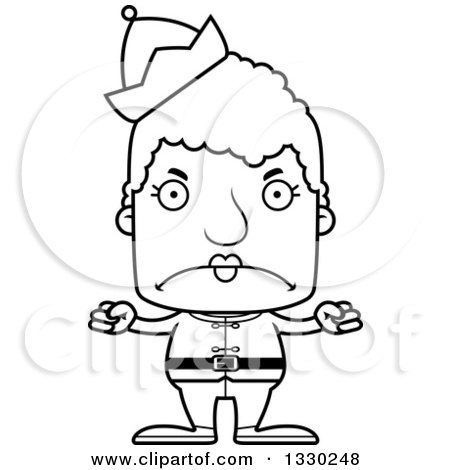 Lineart Clipart of a Cartoon Black and White Mad Block Headed White Senior Woman Christmas Elf - Royalty Free Outline Vector Illustration by Cory Thoman