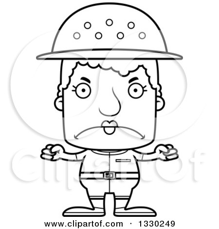 Lineart Clipart of a Cartoon Black and White Mad Block Headed White Senior Woman Zookeeper - Royalty Free Outline Vector Illustration by Cory Thoman