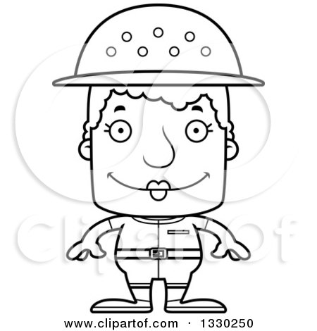 Lineart Clipart of a Cartoon Black and White Happy Block Headed White Senior Woman Zookeeper - Royalty Free Outline Vector Illustration by Cory Thoman