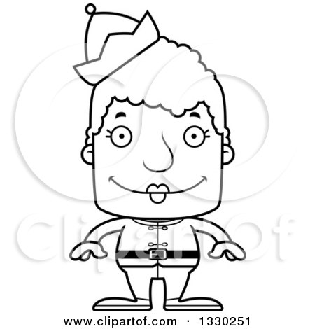 Lineart Clipart of a Cartoon Black and White Happy Block Headed White Senior Woman Christmas Elf - Royalty Free Outline Vector Illustration by Cory Thoman