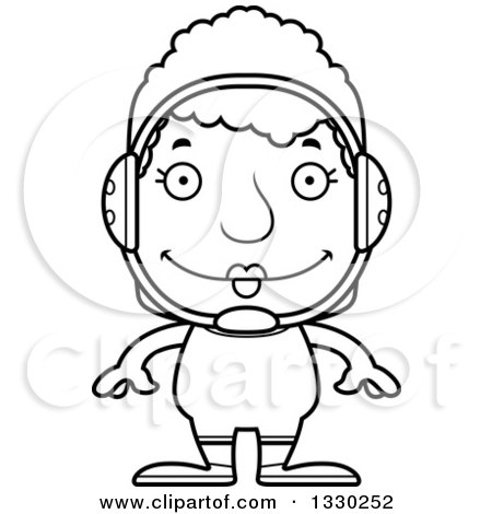 Lineart Clipart of a Cartoon Black and White Happy Block Headed White Senior Woman Wrestler - Royalty Free Outline Vector Illustration by Cory Thoman