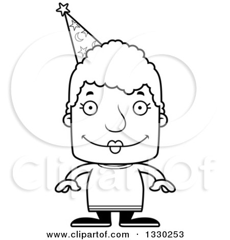 Lineart Clipart of a Cartoon Black and White Happy Block Headed White Senior Woman Wizard - Royalty Free Outline Vector Illustration by Cory Thoman
