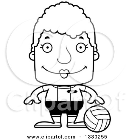 Lineart Clipart of a Cartoon Black and White Happy Block Headed White Senior Woman Volleyball Player - Royalty Free Outline Vector Illustration by Cory Thoman