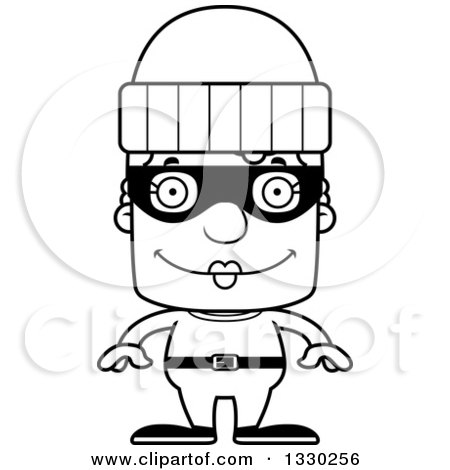 Lineart Clipart of a Cartoon Black and White Happy Block Headed White Senior Woman Robber - Royalty Free Outline Vector Illustration by Cory Thoman