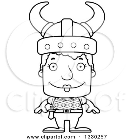 Lineart Clipart of a Cartoon Black and White Happy Block Headed White Viking Senior Woman - Royalty Free Outline Vector Illustration by Cory Thoman