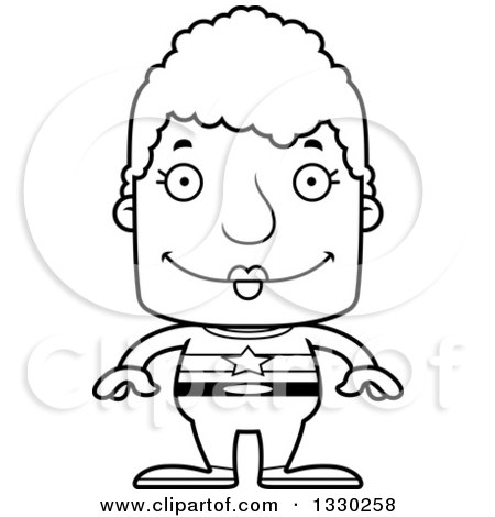 Lineart Clipart of a Cartoon Black and White Happy Block Headed White Super Senior Woman - Royalty Free Outline Vector Illustration by Cory Thoman