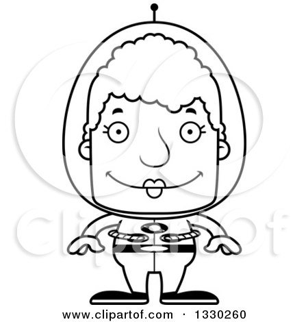 Lineart Clipart of a Cartoon Black and White Happy Block Headed Futuristic Space White Senior Woman - Royalty Free Outline Vector Illustration by Cory Thoman