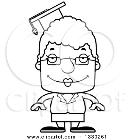 Lineart Clipart of a Cartoon Black and White Happy Block Headed White Senior Woman Professor - Royalty Free Outline Vector Illustration by Cory Thoman
