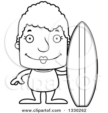 Lineart Clipart of a Cartoon Black and White Happy Block Headed White Senior Woman Surfer - Royalty Free Outline Vector Illustration by Cory Thoman