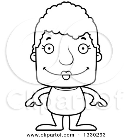 Lineart Clipart of a Cartoon Black and White Happy Block Headed White Senior Woman Swimmer - Royalty Free Outline Vector Illustration by Cory Thoman