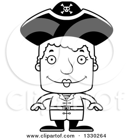 Lineart Clipart of a Cartoon Black and White Happy Block Headed White Pirate Senior Woman - Royalty Free Outline Vector Illustration by Cory Thoman