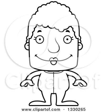 Lineart Clipart of a Cartoon Black and White Happy Block Headed White Senior Woman in Pjs - Royalty Free Outline Vector Illustration by Cory Thoman