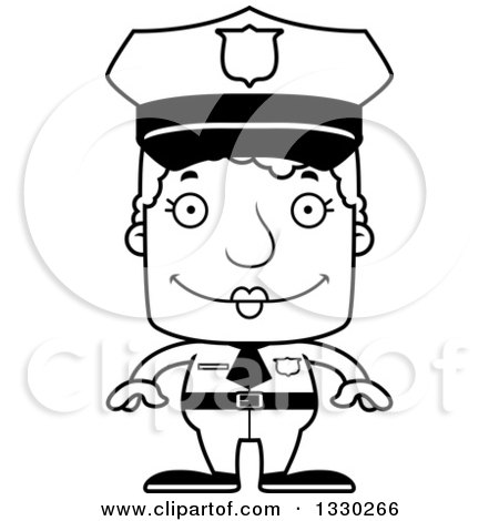 Lineart Clipart of a Cartoon Black and White Happy Block Headed White Senior Woman Police Officer - Royalty Free Outline Vector Illustration by Cory Thoman