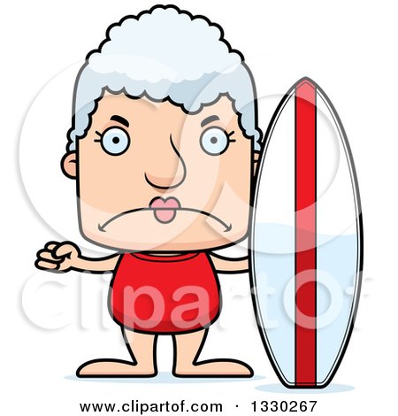 Clipart of a Cartoon Mad Block Headed White Senior Woman Surfer - Royalty Free Vector Illustration by Cory Thoman