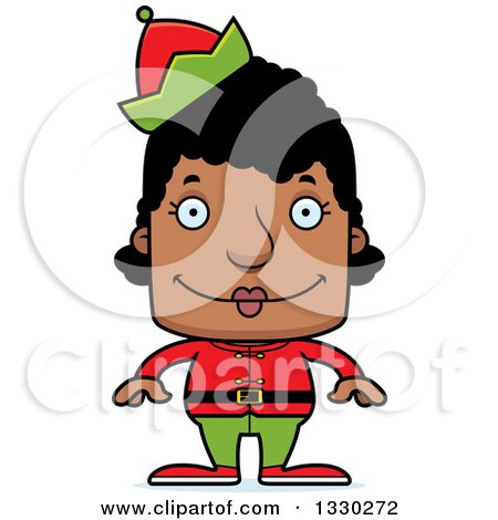 Clipart of a Cartoon Happy Block Headed Black Woman Christmas Elf - Royalty Free Vector Illustration by Cory Thoman