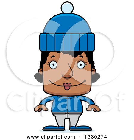 Clipart of a Cartoon Happy Block Headed Black Woman in Winter Clothes - Royalty Free Vector Illustration by Cory Thoman
