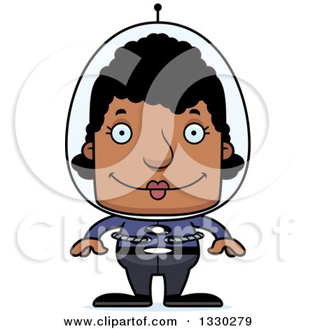 Clipart of a Cartoon Happy Block Headed Black Futuristic Space Woman - Royalty Free Vector Illustration by Cory Thoman
