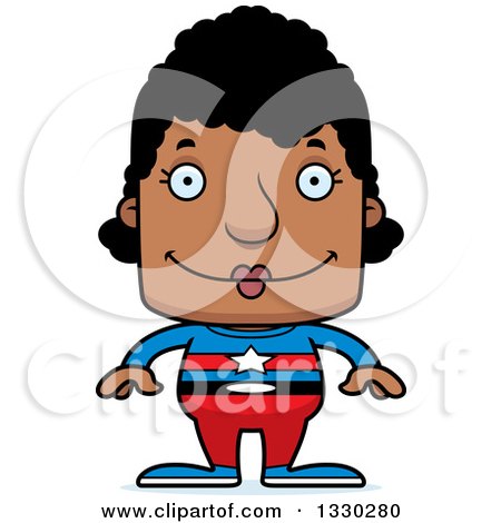 Clipart of a Cartoon Happy Block Headed Black Woman Super Hero - Royalty Free Vector Illustration by Cory Thoman