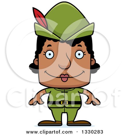 Clipart of a Cartoon Happy Block Headed Black Robin Hood Woman - Royalty Free Vector Illustration by Cory Thoman