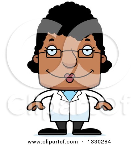 Clipart of a Cartoon Happy Block Headed Black Woman Science - Royalty Free Vector Illustration by Cory Thoman