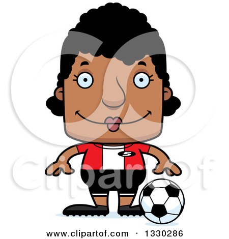Clipart of a Cartoon Happy Block Headed Black Woman Soccer Player - Royalty Free Vector Illustration by Cory Thoman