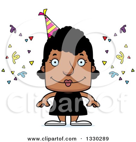 Clipart of a Cartoon Happy Block Headed Black Party Woman - Royalty Free Vector Illustration by Cory Thoman