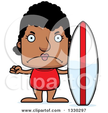 Clipart of a Cartoon Mad Block Headed Black Woman Surfer - Royalty Free Vector Illustration by Cory Thoman