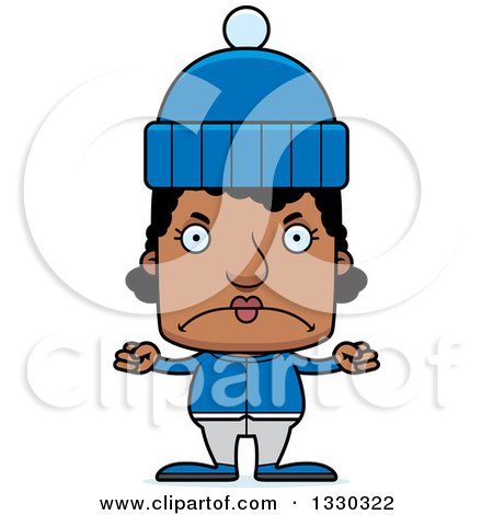 Clipart of a Cartoon Mad Block Headed Black Woman in Winter Clothes - Royalty Free Vector Illustration by Cory Thoman