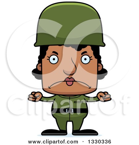 Clipart of a Cartoon Mad Block Headed Black Woman Soldier - Royalty Free Vector Illustration by Cory Thoman