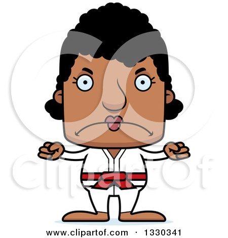 Clipart of a Cartoon Mad Block Headed Black Karate Woman - Royalty Free Vector Illustration by Cory Thoman
