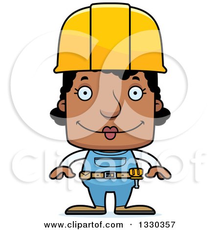 Clipart of a Cartoon Happy Block Headed Black Woman Construction Worker - Royalty Free Vector Illustration by Cory Thoman