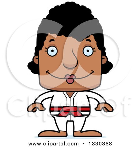 Clipart of a Cartoon Happy Block Headed Black Karate Woman - Royalty Free Vector Illustration by Cory Thoman