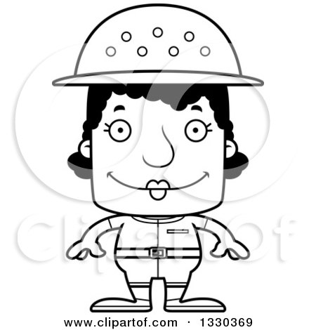 Lineart Clipart of a Cartoon Black and White Happy Block Headed Black Woman Zookeeper - Royalty Free Outline Vector Illustration by Cory Thoman