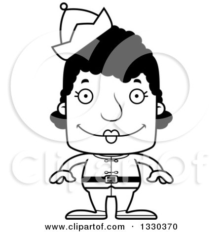 Lineart Clipart of a Cartoon Black and White Happy Block Headed Black Woman Christmas Elf - Royalty Free Outline Vector Illustration by Cory Thoman