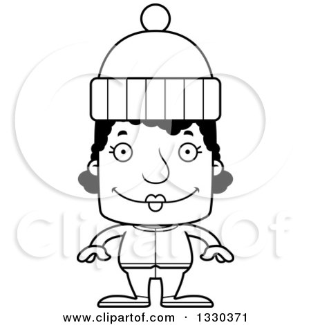 Lineart Clipart of a Cartoon Black and White Happy Block Headed Black Woman in Winter Clothes - Royalty Free Outline Vector Illustration by Cory Thoman