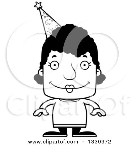 Lineart Clipart of a Cartoon Black and White Happy Block Headed Black Woman Wizard - Royalty Free Outline Vector Illustration by Cory Thoman
