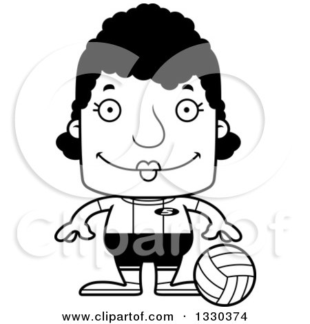 Lineart Clipart of a Cartoon Black and White Happy Block Headed Black Woman Volleyball Player - Royalty Free Outline Vector Illustration by Cory Thoman