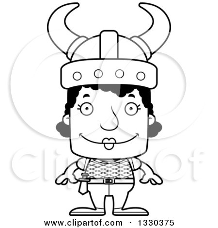 Lineart Clipart of a Cartoon Black and White Happy Block Headed Black Woman Viking - Royalty Free Outline Vector Illustration by Cory Thoman
