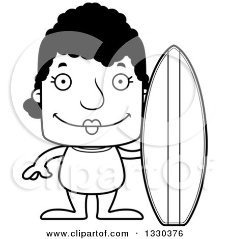 Lineart Clipart of a Cartoon Black and White Happy Block Headed Black Woman Surfer - Royalty Free Outline Vector Illustration by Cory Thoman