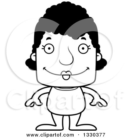 Lineart Clipart of a Cartoon Black and White Happy Block Headed Black Woman Swimmer - Royalty Free Outline Vector Illustration by Cory Thoman