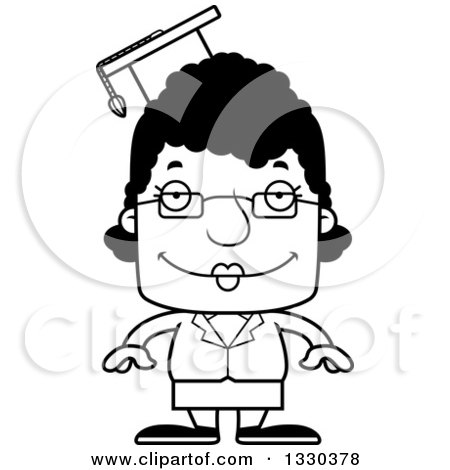 Lineart Clipart of a Cartoon Black and White Happy Block Headed Black Woman Professor - Royalty Free Outline Vector Illustration by Cory Thoman