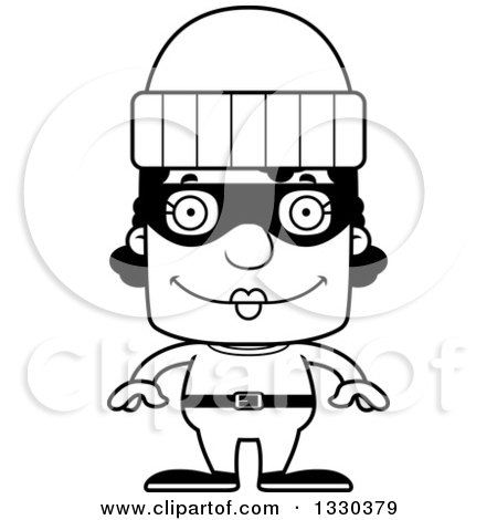 Lineart Clipart of a Cartoon Black and White Happy Block Headed Black Woman Robber - Royalty Free Outline Vector Illustration by Cory Thoman