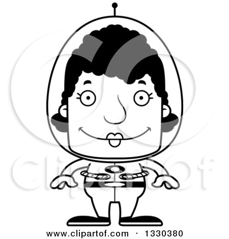 Lineart Clipart of a Cartoon Black and White Happy Block Headed Black Futuristic Space Woman - Royalty Free Outline Vector Illustration by Cory Thoman