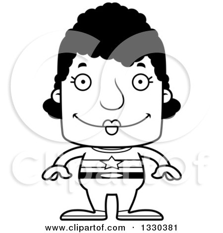 Lineart Clipart of a Cartoon Black and White Happy Block Headed Black Woman Super Hero - Royalty Free Outline Vector Illustration by Cory Thoman