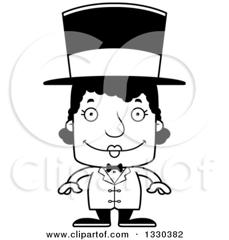 Lineart Clipart of a Cartoon Black and White Happy Block Headed Black Woman Circus Ringmaster - Royalty Free Outline Vector Illustration by Cory Thoman