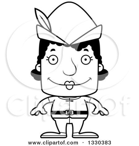 Lineart Clipart of a Cartoon Black and White Happy Block Headed Black Robin Hood Woman - Royalty Free Outline Vector Illustration by Cory Thoman