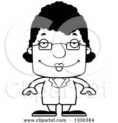 Lineart Clipart of a Cartoon Black and White Happy Block Headed Black Woman Science - Royalty Free Outline Vector Illustration by Cory Thoman