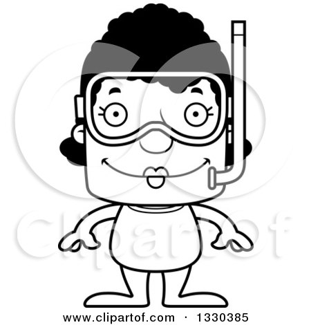 Lineart Clipart of a Cartoon Black and White Happy Block Headed Black Woman in Snorkel Gear - Royalty Free Outline Vector Illustration by Cory Thoman