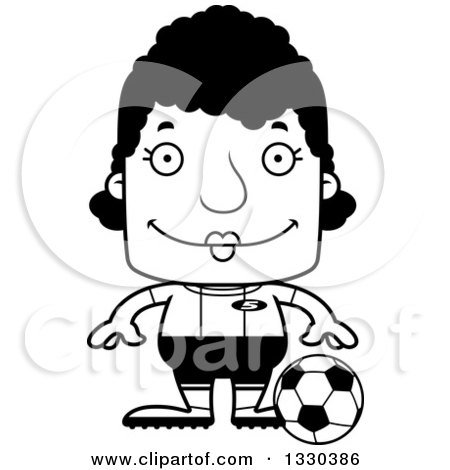 Lineart Clipart of a Cartoon Black and White Happy Block Headed Black Woman Soccer Player - Royalty Free Outline Vector Illustration by Cory Thoman