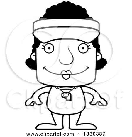 Lineart Clipart of a Cartoon Black and White Happy Block Headed Black Woman Lifeguard - Royalty Free Outline Vector Illustration by Cory Thoman